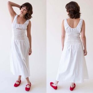 Toit Volant Bella Smocked Seersucker Midi Dress Size M/L Crisp White